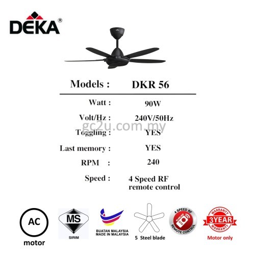 CEILING FAN C/W RC DEKA DKR56-4B-MB 5BLADE 4 SPEED