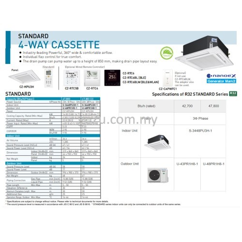 PANASONIC S1821PU3H-1/U18PR1H5-1 CEILING CASSETTE 2.0 HP-5.0 HP INVERTER (R32) 1 PHASE & 3 PHASE 